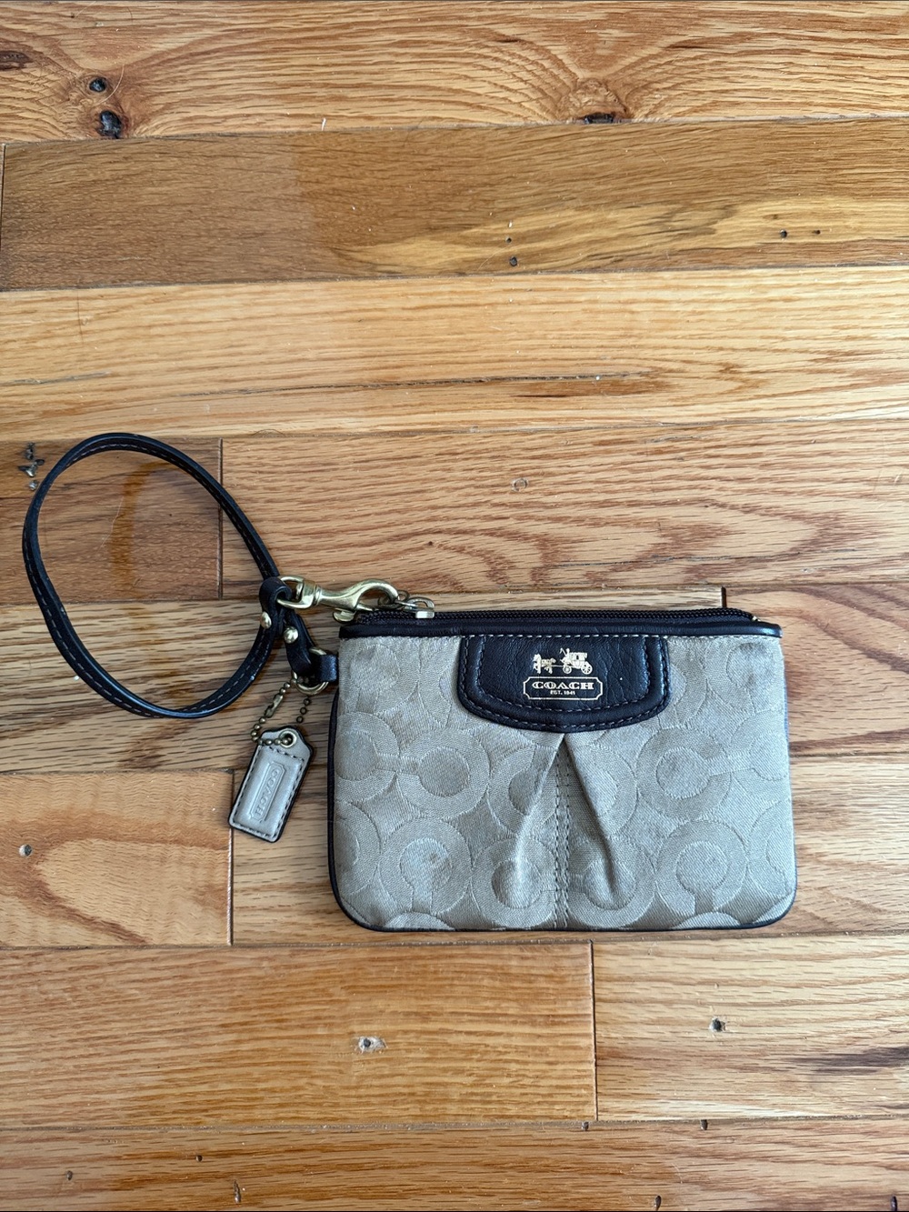 Coach Beige Canvas Wristlet with Brown Trim and Gold Hardware